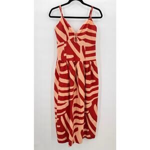 NWT MON RENN Surreal Tropico Print Cotton Midi Dress Red/Coral Size SMALL